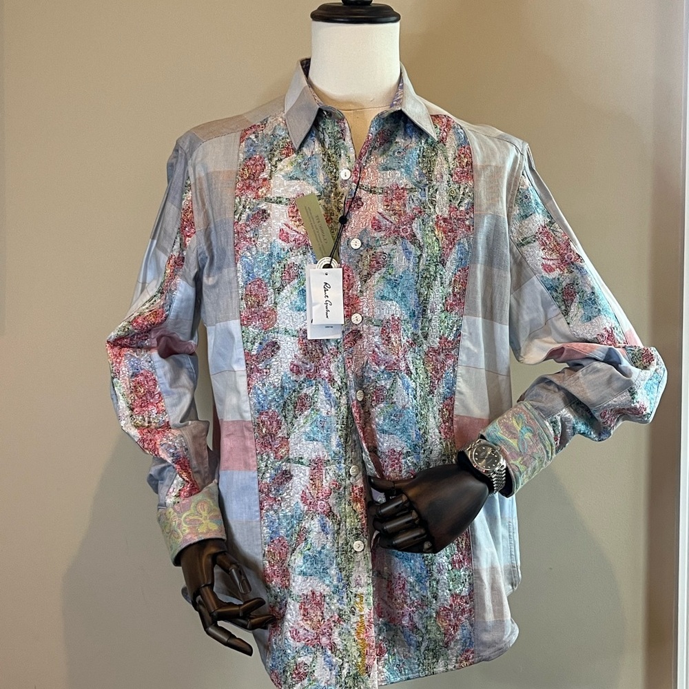 Robert Graham Blue and Pink Casual Button Down Shirt Vibrant Floral Design